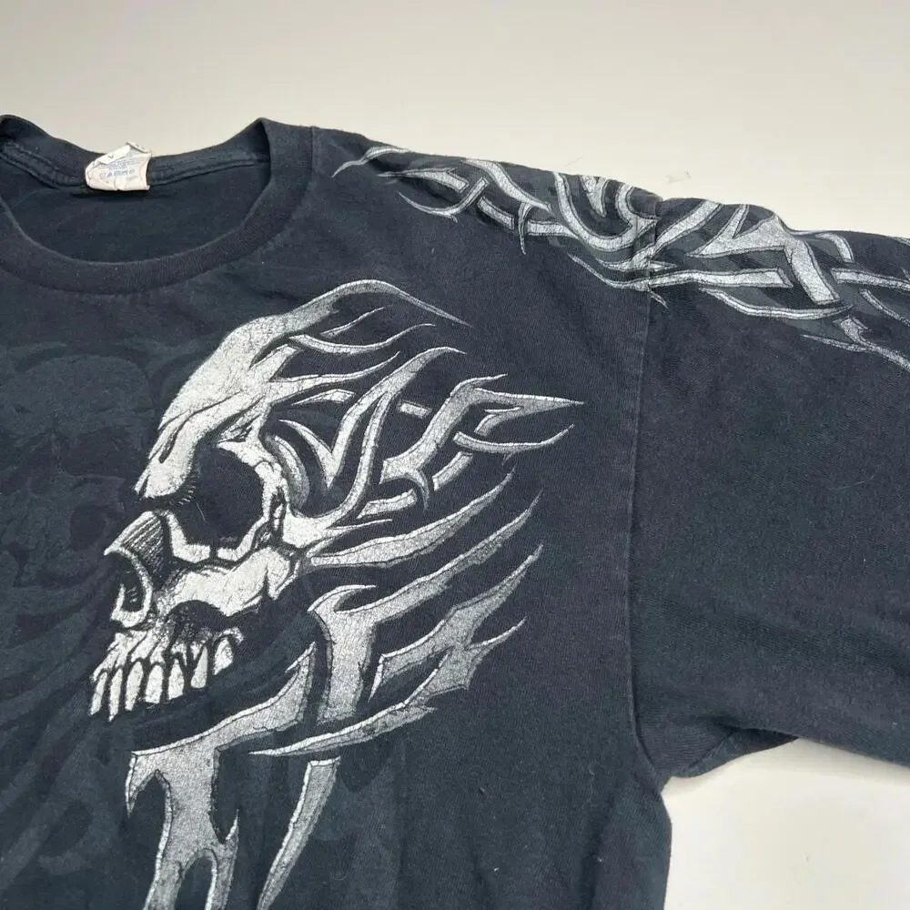 Vintage‎ y2k rap Skull Tribal Graphic T-Shirt Gildan Heavy Cotton Black Size L
